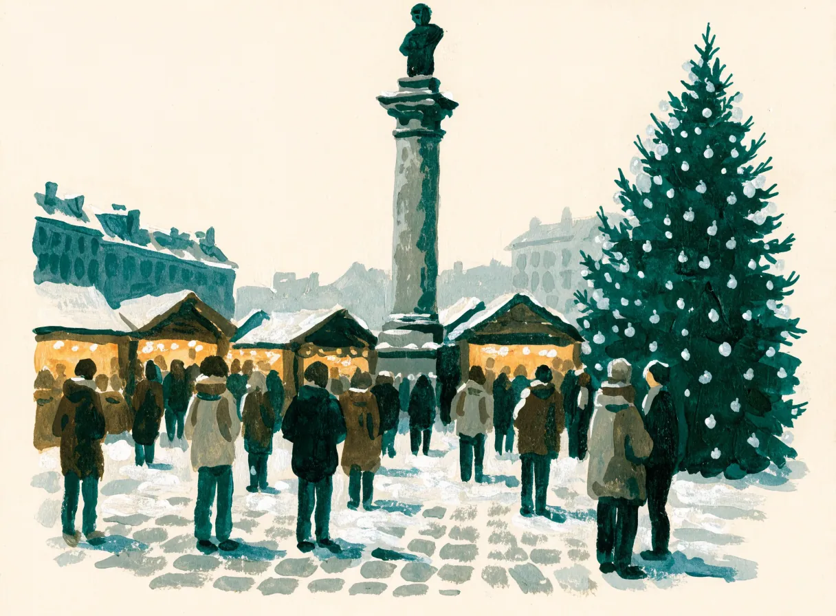 Illustrasjon av julemarked på et snødekt torg i skumringen