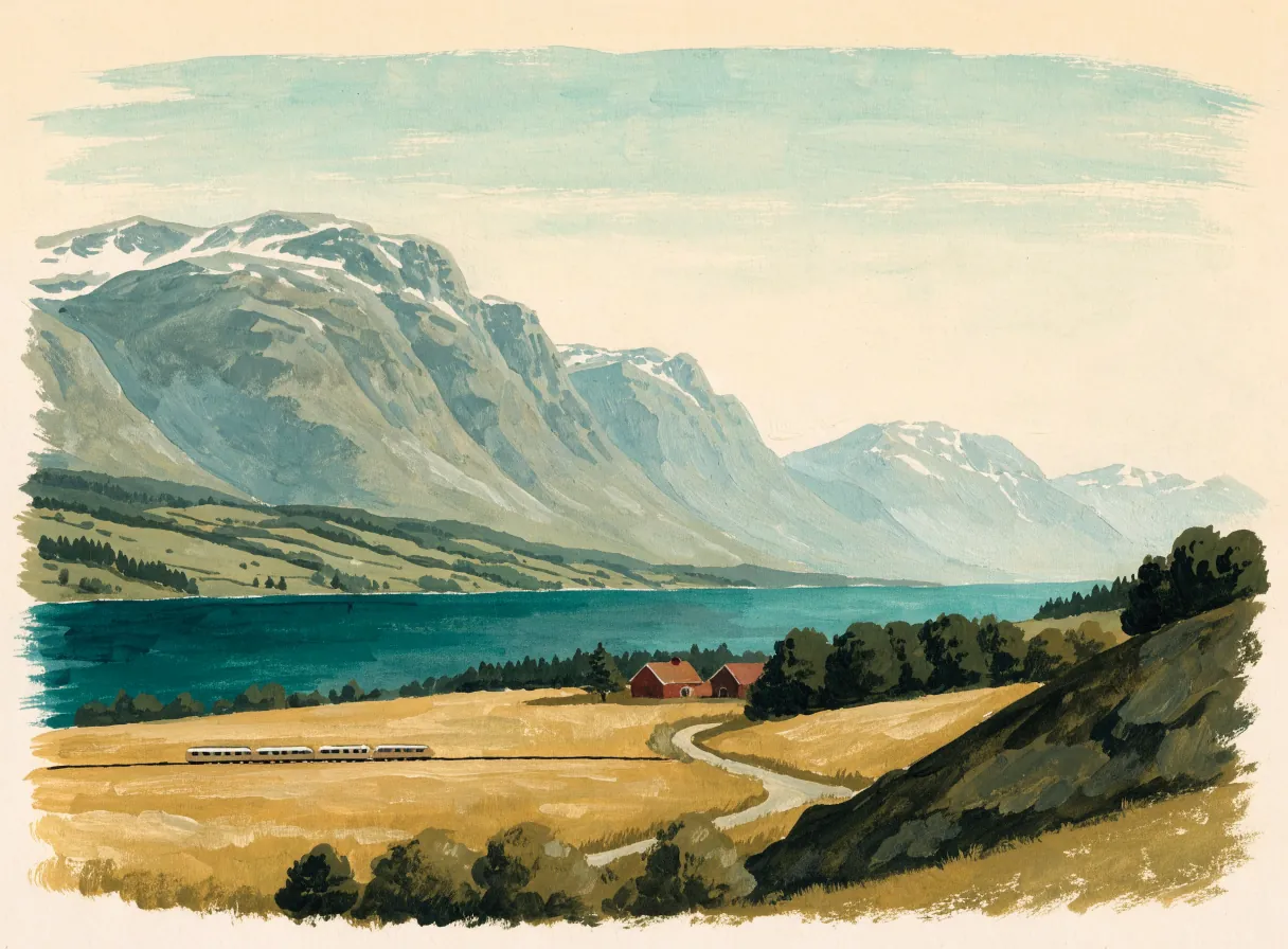 Illustrasjon av trøndersk landskap med gårder, fjord og fjell