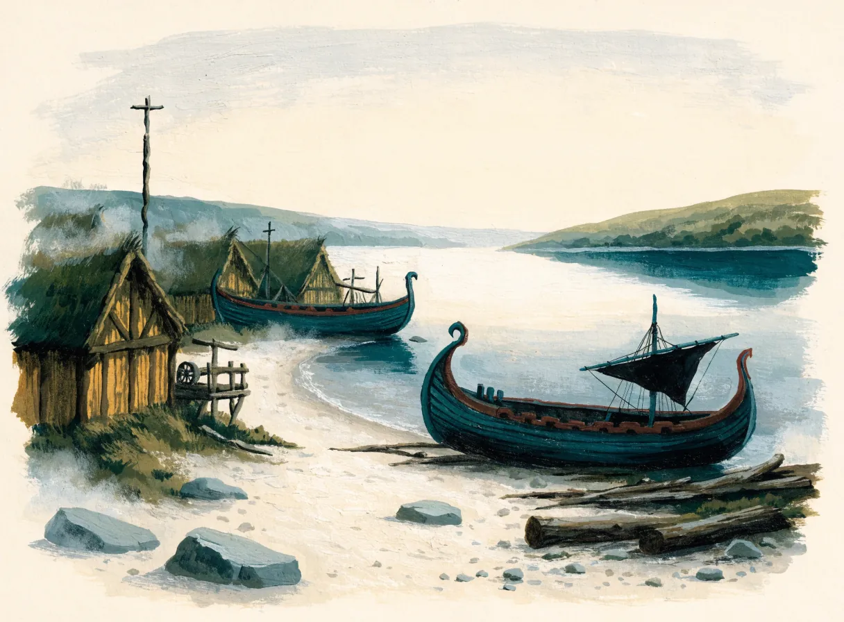 Illustrasjon av en kaupang ved elvemunningen i vikingtiden