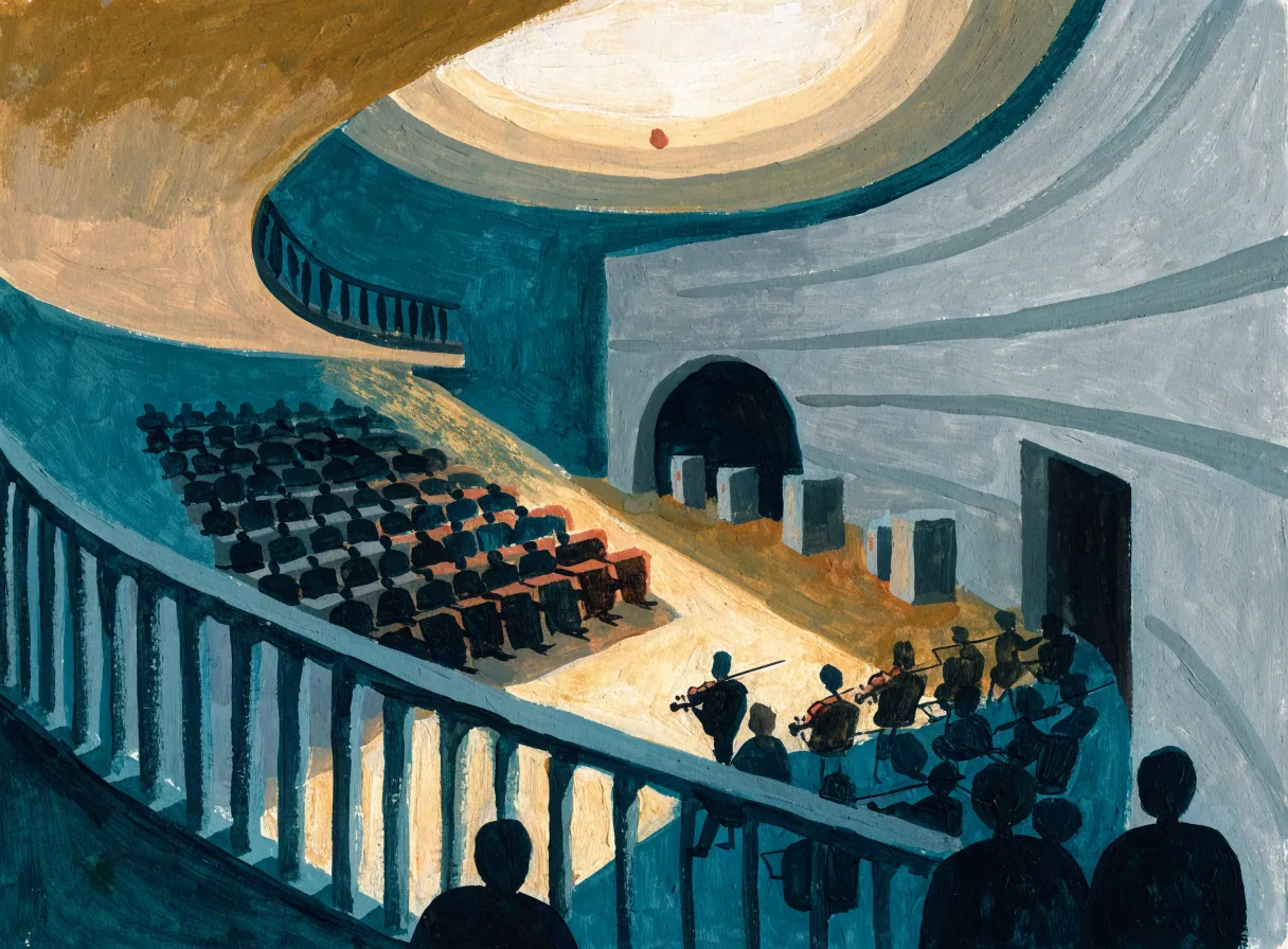 Illustrasjon av et orkester på scenen i en konsertsal
