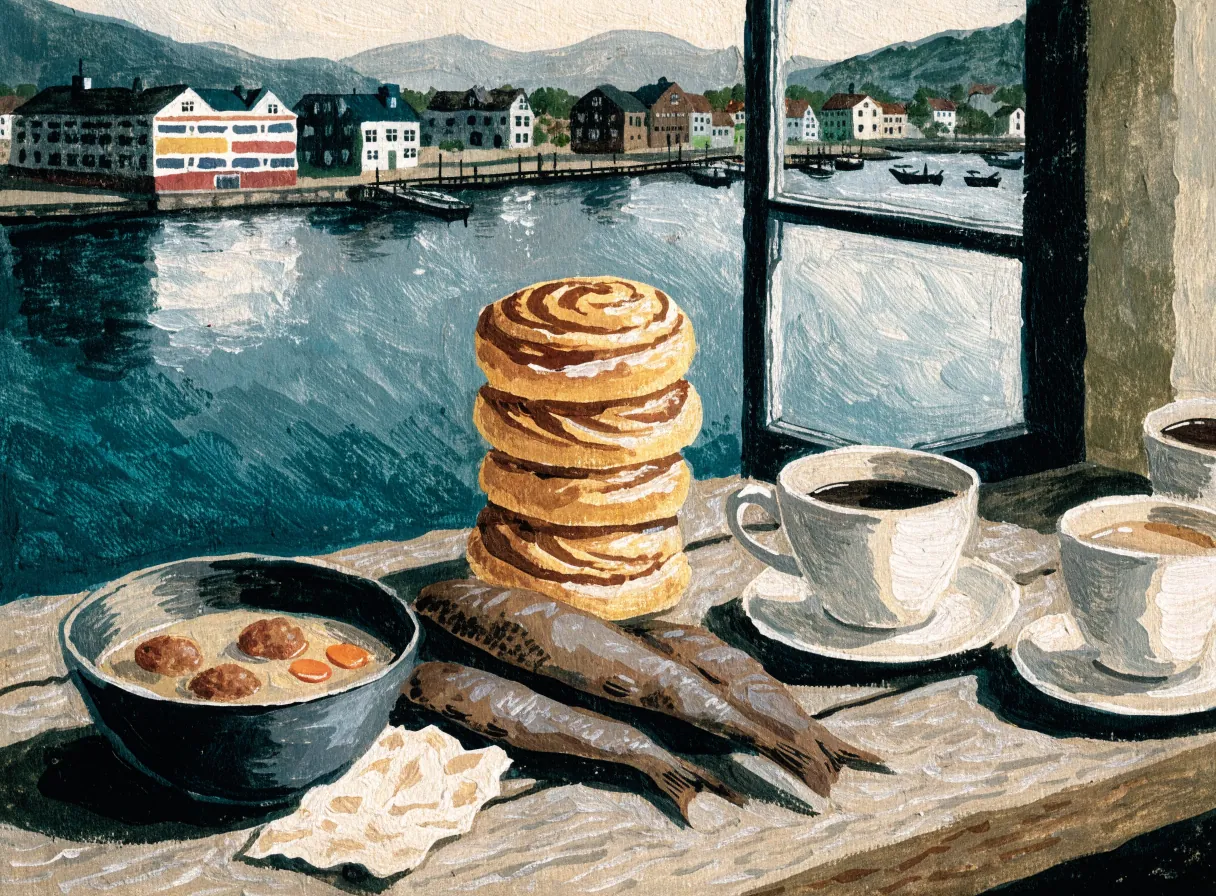 Illustrasjon av sodd, flatbrød, fisk og kanelboller ved et vindu mot bryggene