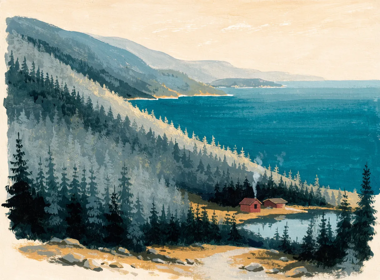 Illustrasjon av skogkledde åser med en rød hytte og fjorden i bakgrunnen