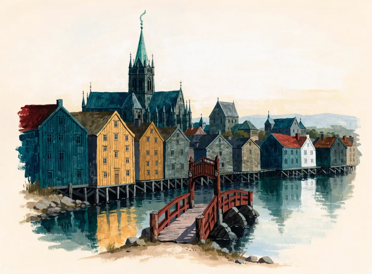 Illustrasjon av Nidarosdomen bak bryggene og Gamle Bybro